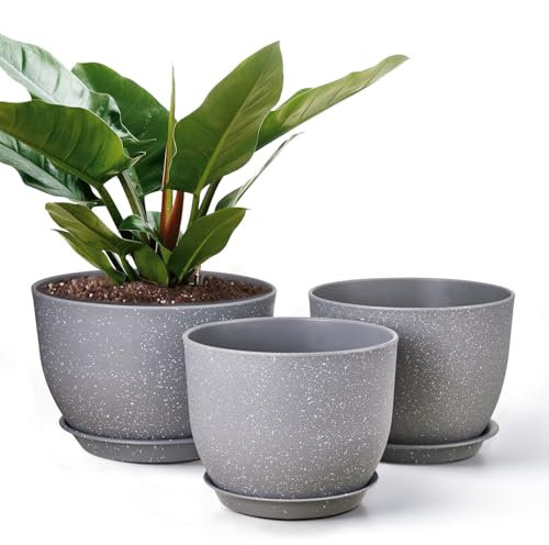 Gardrium Lot de 3 Pots 30,5/25,4/22,9 cm de Fleurs en Plastique Plantes, Jardinières Modernes avec Trous de Drainage et Soucoupe Détachable, Gris moucheté