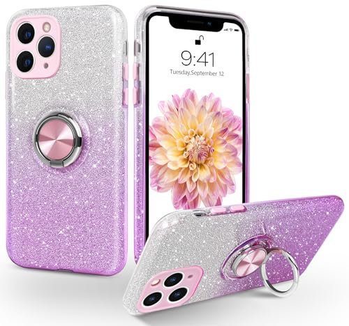 SouliGo for iPhone 11 Pro Max Case Glitter Bling Sparkle Trendy Girls Women Cover with 360° Ring Holder Kickstand Magnetic Car Mount Protective Shockproof Phone Case, Gradient Purple