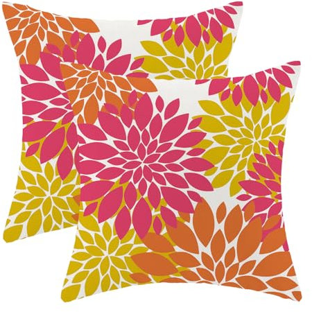 CXMEIFLY Sommer-Outdoor-Kissenbezüge für den Sommer, 45,7 x 45,7 cm, 2 Stück, orange/gelb, Dahlie, florales Dekor, moderne Geometrie, Blume, dekorative Kissenbezüge für Sofa, Couch, Bett, Dekorationen