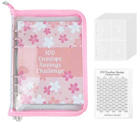 100 Envelope Saving Challenge, Geldbuch mit Hüllen Zum Sparen, Sparbuch für Geld Challenge, 100 Tage Challenge Binder, Budgetplaner A5 mit Reißverschluss, Kirschblüte Rosa, 1 Stück