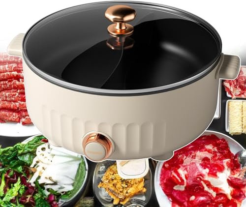 6L Electric Multi-Cookers, Electric Hot Pot with Divider, Split Electric Hot Pots with 3 Speeds Adjustable (600W/900W/1350W), Cookers & Frying Pans & Stockpots for 2-8 people,white