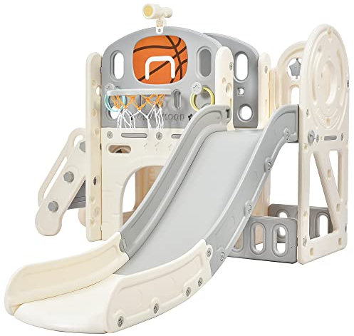 5 in 1 Kinderrutsche Indoor und Outdoor für ab 1-6 Jahr, Kinder Spielplatz mit Langer Rutsche, Aufbewahrungsbox, Tunnel, Treppenleiter, Basketballkorb und Durchgangsbereich, Gartenrutsche (Grau)