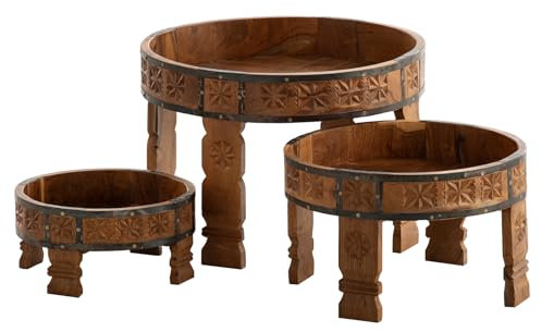 Woodkings 3er Set indische Beistelltische Chakki I Couchtisch aus Mangoholz geschnitzt Massivholz rustikal Echtholz Wohnzimmer Sofatisch rund Satztische Boho-Style Used Finish