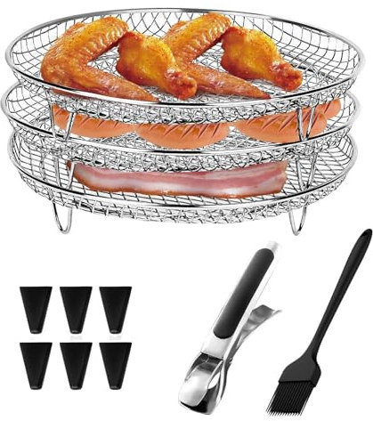 Qiwieod Air Fryer Dehydrator Rack, Edelstahl Air Fryer Korb Tray 3 Schicht Stapelbar Dehydrator Racks, Zubehör Für Heißluftfritteusen Für Öfen, Air Fryer Rack, Runder Air Fryer Stand, Luftfritteusen