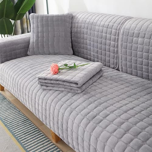 Generisch Samt Sofabezug 1 2 3 4 Sitzer, Hund Katze Sofaschoner Antirutsch Couch überzug L Form, Weiche Sofa überzug Ecksofa Sofa-Schutzhülle Mit Rutschfester Unterlage,Light Gray,110x210cm