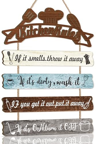 KAIRNE Kitchen Rules Wall Sign Rustic Wood Bar Sign Funny Quotes Door Wooden Hanging Plaque Farmhouse Style Kitchen Accessories If It's Dirty Wash It Knife Fork Prints Plaque Decor