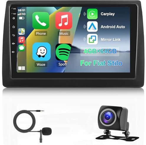 8 Core 4G+64G Hodozzy Autoradio für FIAT Stilo 2002-2010 mit Wireless Carplay Android Auto,9 Zoll Touchscreen Autoradio Android 2 Din mit Navi Bluetooth DSP WiFi FM/RDS Radio Rückfahrkamera