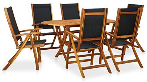 IKAYAA Gartenmöbel Set Holz Sitzgruppe Garten Holz Essgruppe 6 Personen Gartentisch mit 6 Gartenstuhl Hochlehner Verstellbar Wetterfest Akazie Sitzgarnitur Schwarz