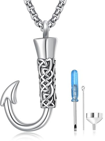 praymos Fishing Hook Urn Necklace for Ashes Fish Hook 925 Sterling Silver Cremation Jewelry Memorial Pendant Keepsake for Men
