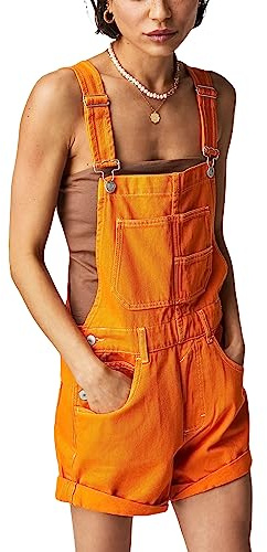 LYSINK Women Denim Bib Overalls Adjustable Straps Pocket Romper Shorts Casual Straight Leg Rolled Cuff Shortalls Romper (Ba Orange, M)