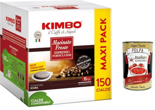 Kimbo macinato fresco, maxi pack, Espresso formula BAR, 150 cialde ESE 44mm, Box Lot de 150 dosettes de café + Italian Gourmet polpa 400g