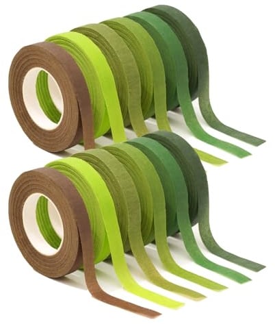 Strehknewen Nastro per Fioristi 12 Rotoli – 27m x 1,2cm, 6 Colori Naturali, Guttaperca Verde per Bouquet, Fiori Artificiali, Regali, Decorazioni DIY