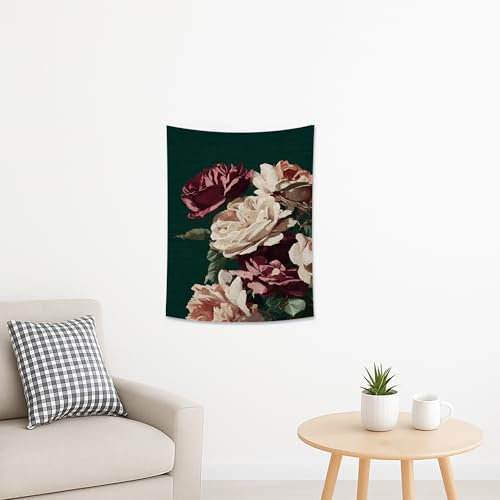 Floral Roses Tapestry, Dark Green Vintage Wall Hanging, Elegant Home Decor for Spring and Summer, Bohemian Style for Bedroom and Living Room 30x40 Inch