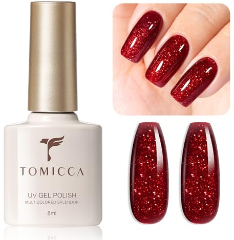 TOMICCA UV Nagellack Glitter Dunkelrot Gel Nagellack UV/LED 8ML | Soak-Off Gel Nail Polish Geeignet für Anfänger Nail Art Salon DIY Home