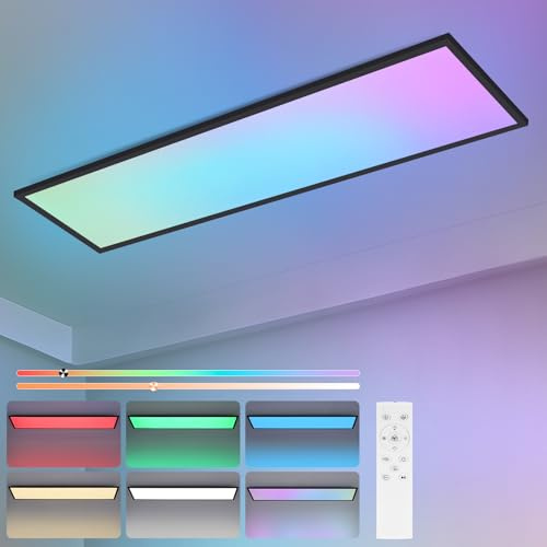 Woiledlt Deckenlampe LED Panel 120x30cm - Deckenleuchte Dimmbar Rechteckig 39W Deckenpanel Farbwechsel RGB + CCT Küchenlampe mit Fernbedienung Flach Bürolampe für Wohnzimmer Esszimmer Schlafzimmer