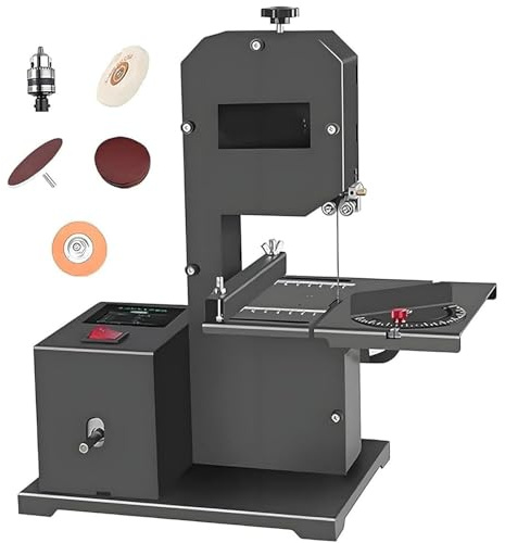 RETRIN Sierra de Cinta para Carpintería 800W de Mesa - Altura de Corte 70 mm con Mesa Metálica Inclinable 0-45°,Realiza Cortes Rectos,Curvos y Multíángulo para Madera y Metal