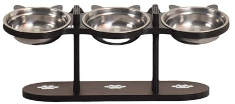 Elevated Pet Feeder Stand Adjustable Height Indoor Feeding Station with Triple Stainless Steel Bowls for Dogs and Cats Comfortable Dining (Black, 42X16cm)
