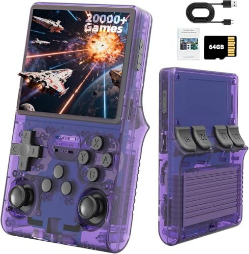 R36S Retro Handheld Games Console, 20,000+ Classic Games Portable Pocket Video Player with 3.5 Inch HD Screen, 64G TF Card, Open Source Linux System Screen (Transparent Purple)