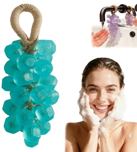 Grape Soap on a Rope, Handmade Grape Cluster Bar for Hand & Face, Natural Cold Process Soap with Long-Lasting Fragrance for Christmas or Birthday Gift (1, Tea Tree (Gem))