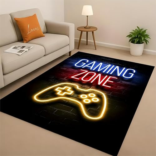 USHIRUG Neon Gaming Area Rug, 70x140cm 3D Game Controller Player Large Area Carpet, Boys Bedroom Decor Mat, Soft Non-Slip Easy to Clean Washable Carpet for Game Room Nursery Classroom Play Rugs