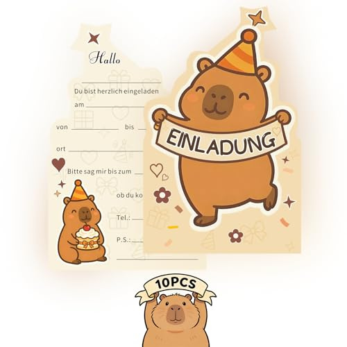 DuoLiAnLiang 10× Capybara Einladungskarten Geburtstag, Beige niedlich Geburtstagseinladung, Einladungskarten geburtstag Mädchen Junge, Capybara Design Karten, für süß Tierparty