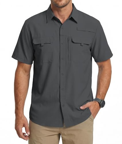 Chemise Homme Manches Courtes Anti-UV UPF 50+ Voyage Casual Randonnée Pêche | Haut anti-UV à manches courtes, résistant à l'eau et séchage rapide, parfait pour le camping, le travail et les loisirs