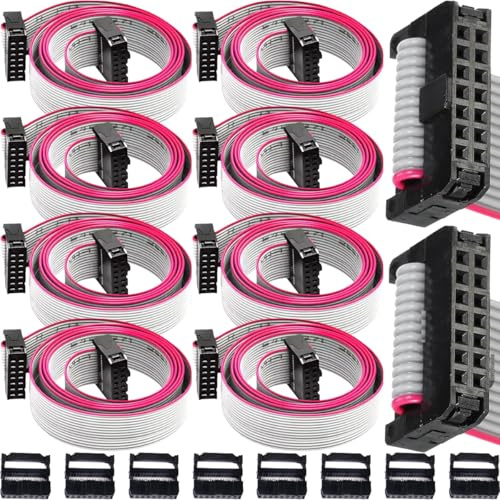 HAAMNING7 8 Pcs Ribbon Cable 14 Pin Flat Crimp Connector IDC Wires 2.54mm Pitch Same Direction 28AWG F/F Data Cable with 8 Pcs FC-14P Connector For Motherboard LED Display DVD, 30cm/11.81in