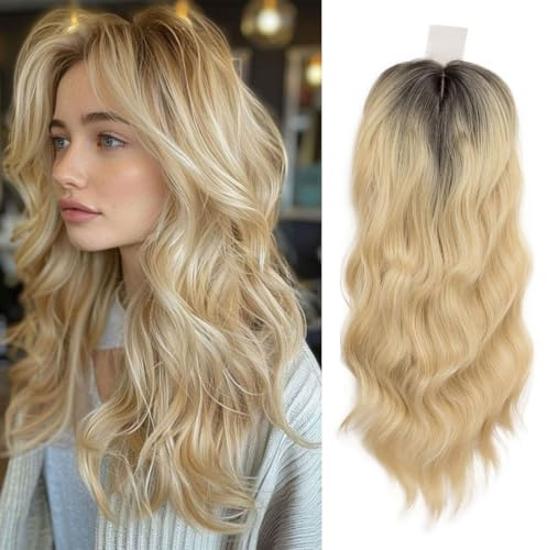 Lace Front Hair Body Wavy Topper Big Base Cover Thinning Hair White Clip in Hair Toppers for Women Fiber Wiglets with Fringe (Ombre Blonde)