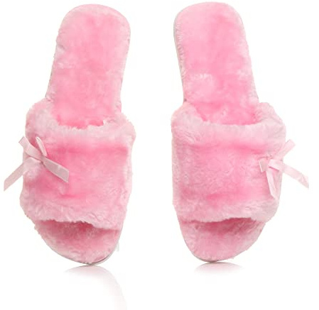 AJVANI Womens ladies flat peep toe bow cosy faux sheepskin fur slip on slippers size