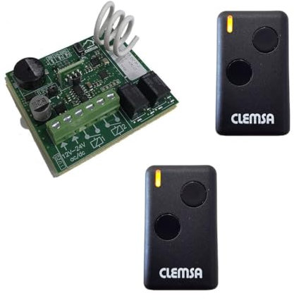 Automatismos y domotica Kit receptor universal Clemsa Mutancode RNE248U + 2 mandos Clemsa Mini Mutancode (Negro, 2 canales, VHF, 136-174 MHz, IP54, 24V, Profesionales y técnicos)