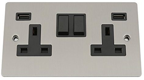 USB Socket 2 Gang - Satin Matt Chrome - Flat (brushed steel) Black Plastic