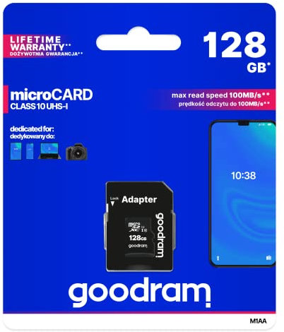 Goodram 128GB M1AA Mikrokarte Hohe Geschwindigkeit Klasse 10 Speicherkarte mit Adapter und UHS-I Schnittstelle Lesegeschwindigkeit bis zu 100 MB/s Schreibgeschwindigkeit ab 10 MB/s 128 GB