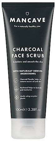 ManCave Charcoal Face Scrub 100ml for Men, Exfoliate & Smooth Skin, Dermatlogically Tested, Natural Formulation, Vegan Friendly and Cruelty Free, Tube made from Recycled Plastics, Made in England
