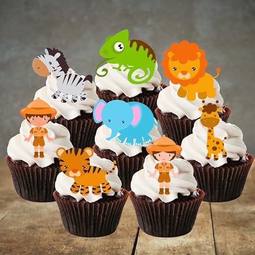 Safari Animal Edible Cupcake Toppers – Cute Jungle Creatures & Explorer Theme Party Cake Decorations – PRECUT 5cm/2 Inch (Pack of 24)