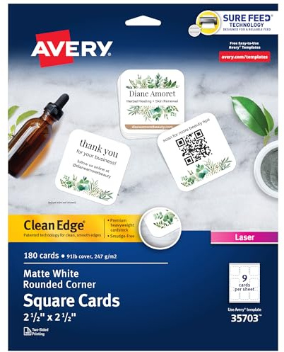 Avery Square Cards with Rounded Edges, 2.5 x 2.5, Clean Edge, Laser Only, 180 Cards (35703)