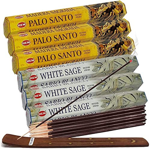 Bâtons d'encens à la Sauge Blanche et Hem De Palo Santo avec Porte-encens - Kit pour estomper - Parfum d'intérieur Naturel Inciensos Aromaticos