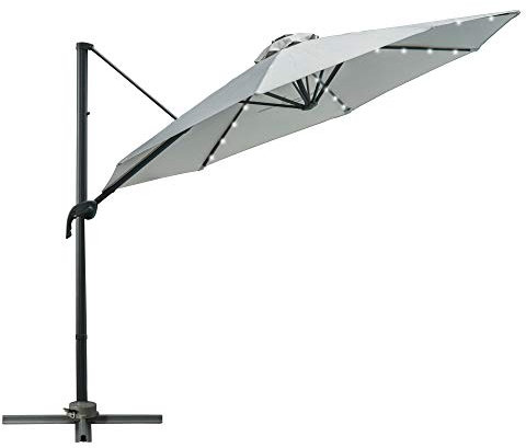 Outsunny 3(m) Cantilever Roma Parasol Patio Sun Umbrella with Crank & Tilt LED Solar Light Cross Base 360° Rotating Outdoor, Grey