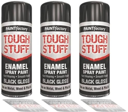 HitlineUK Black Spray Paint, Gloss Black Enamel, (3 X 400ml can) Fast Dry, Spray Paint for Metal, Wood, Stone, Cardboard and Paper