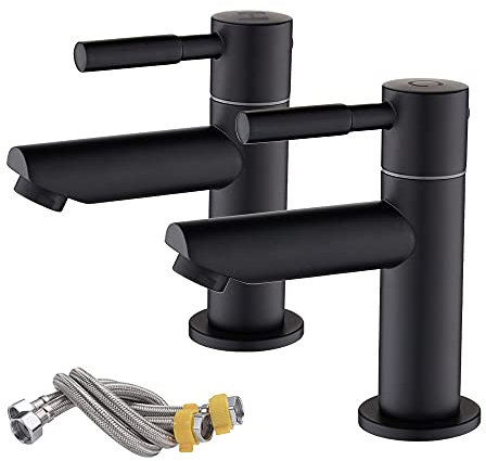 Maynosi Bathroom Basin Pillar Taps, Pair Basin Sink Mixer Taps, 1/4 Turn Washroom Pair Faucets, Twin Lever Modern Taps Pairs, Include Flexible Hoses, Brass (Matte Black)
