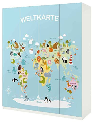 MyMaxxi | Klebefolie Möbel kompatibel mit IKEA Pax Schrank 4 Türen | Motiv Kinder Weltkarte | Möbelfolie selbstklebend | Dekofolie Tattoo Aufkleber Folie für Schlafzimmer und Kinderzimmer