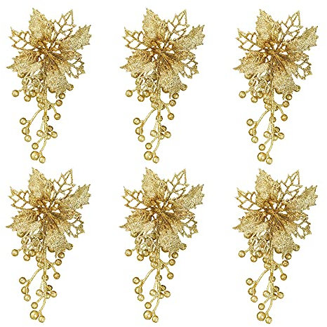 Skystuff Poinsettia Artificial Flowers, 6Pcs Christmas Tree Flower Decorations Gold Poinsettia Christmas Decorations with Clips for Christmas Tree Wreath Garland (Gold)