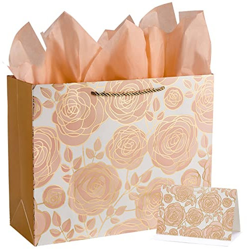 SUNCOLOR Large Gift Bag with Tissue Paper and Card, Rose Gold, Large 13W x 10.2H x 4.7D inches, for Wedding, Birthday, Baby Shower