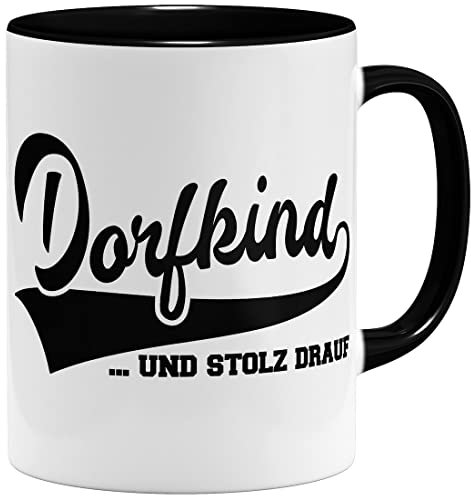 OM3® Dorfkind Tasse und stolz Drauf - mit Spruch - Statement - Keramik Becher - 325ml - Beidseitig Bedruckt - Schwarz