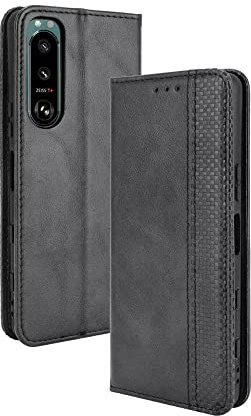 EASSGU Coque pour Smartphone, Compatible with Sony Xperia 5 IV (6.1 inches), Etui Flip Folio en Cuir PU avec Interrupteur Magnétique, [3 Fentes pour Cartes] [1 Portefeuille] Housse - Le Noir