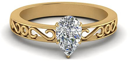 JewelryGift Filigree Single Stone Ring Yellow Gold Plated Created Cubic Zircon Pear Shape White Color Solitaire Engagement Rings Prong Setting in Size Z Handcraft Chakra Healing GPR-D1387-PEAR-WCZ-Z