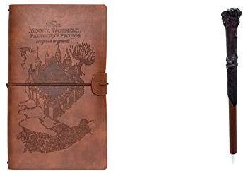 Grupo Erik Reisetagebuch zum Selberschreiben Harry Potter | 12x19,6 cm, Einband aus synthetischem Leder und Gummiband zum sicheren Verschließen & Harry Potter Kugelschreiber Harrys Zauberstab