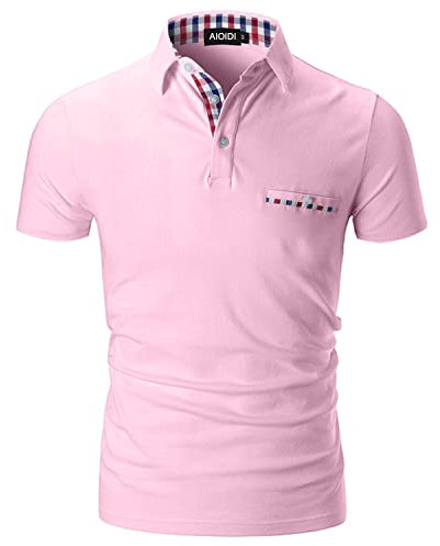 AIOIDI Polo Homme Manche Courte Mode Casual Plaid Golf Tennis Coton Polos,Rose avec Faux Poche,L