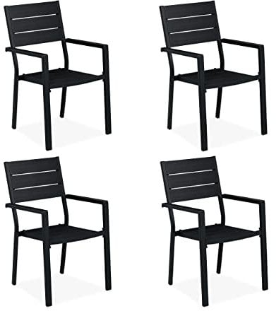 Relaxdays Gartenstuhl 4er Set, HBT 90 x 53,5 x 59 cm, Balkonstühle m. Armlehnen, Metall, Moderne Terrassenmöbel, schwarz
