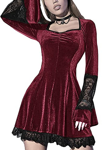 DINGJIUYAN Red Dress Goth-Gothic-Women-Dresses-Long-lace-Sexy-Clothes-mini-Emo-Sleeve-Wedding-Guest-Vampire