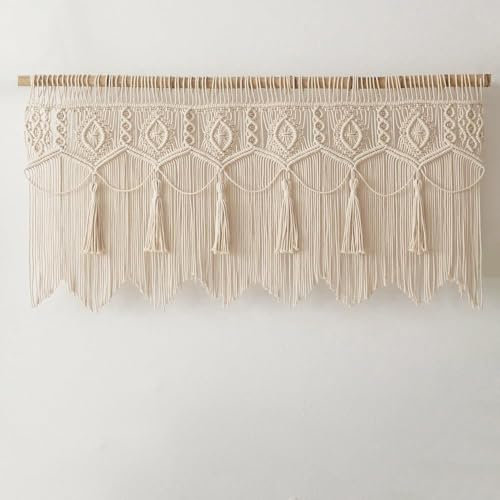 Lsimeru Makramee Scheibengardinen Kurzstores Boho Beige Handgewebt Quasten Bistrogardinen Modern Kurzgadinen Türvorhang Trennvorhang Makramee Vorhang Wohnwagen Balkontür Fenster 60x140